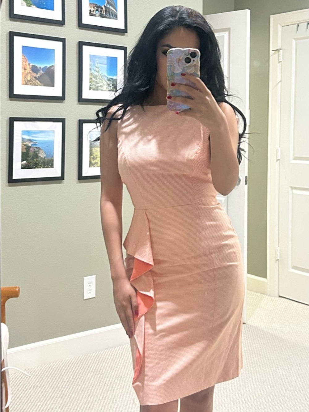 Antonio Melani Peach Ruffle Dress Size 0 Sleeveless Sheath Midi